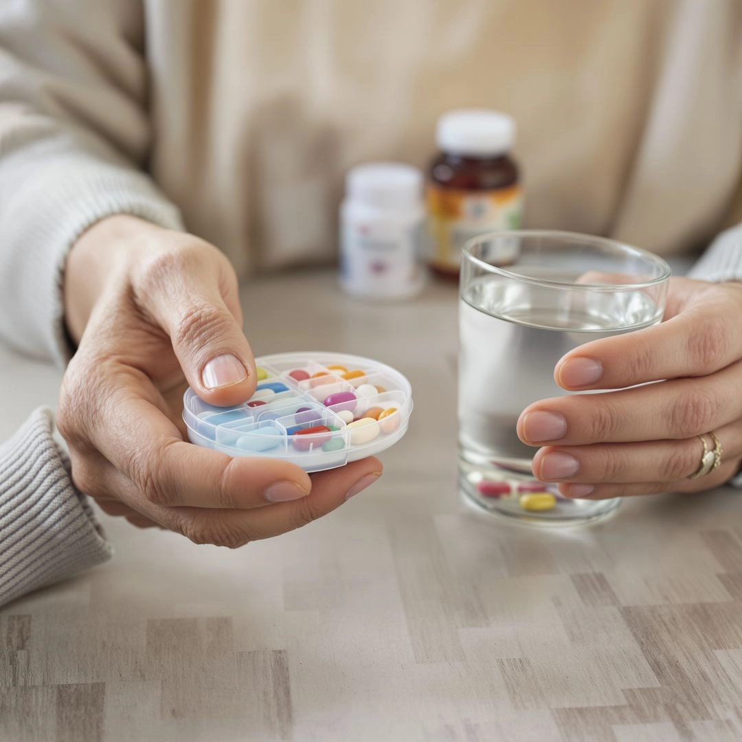 Senior carefully reviewing supplements with awareness and caution.