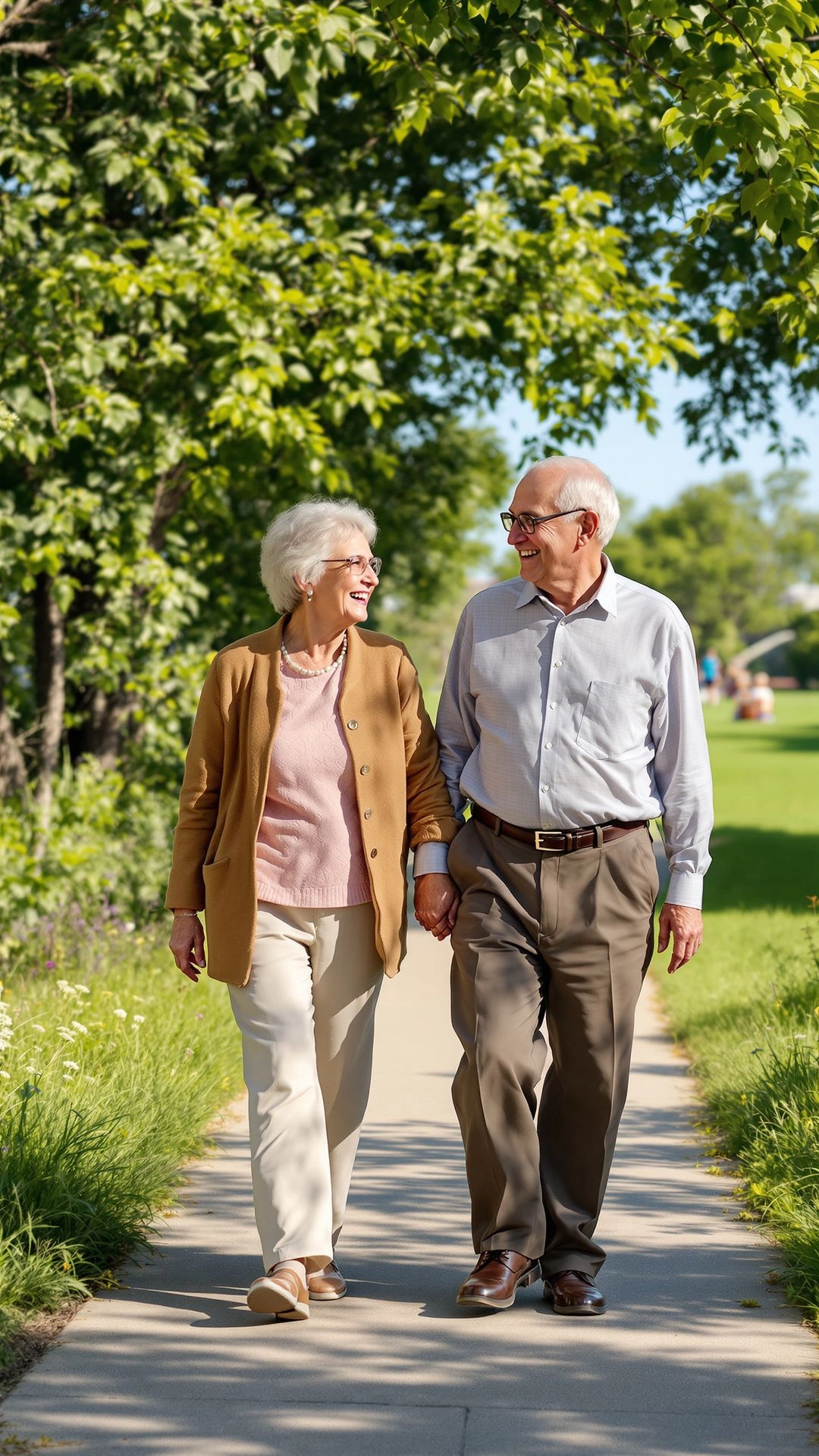 Seniors walking together outdoors to manage daily stress.