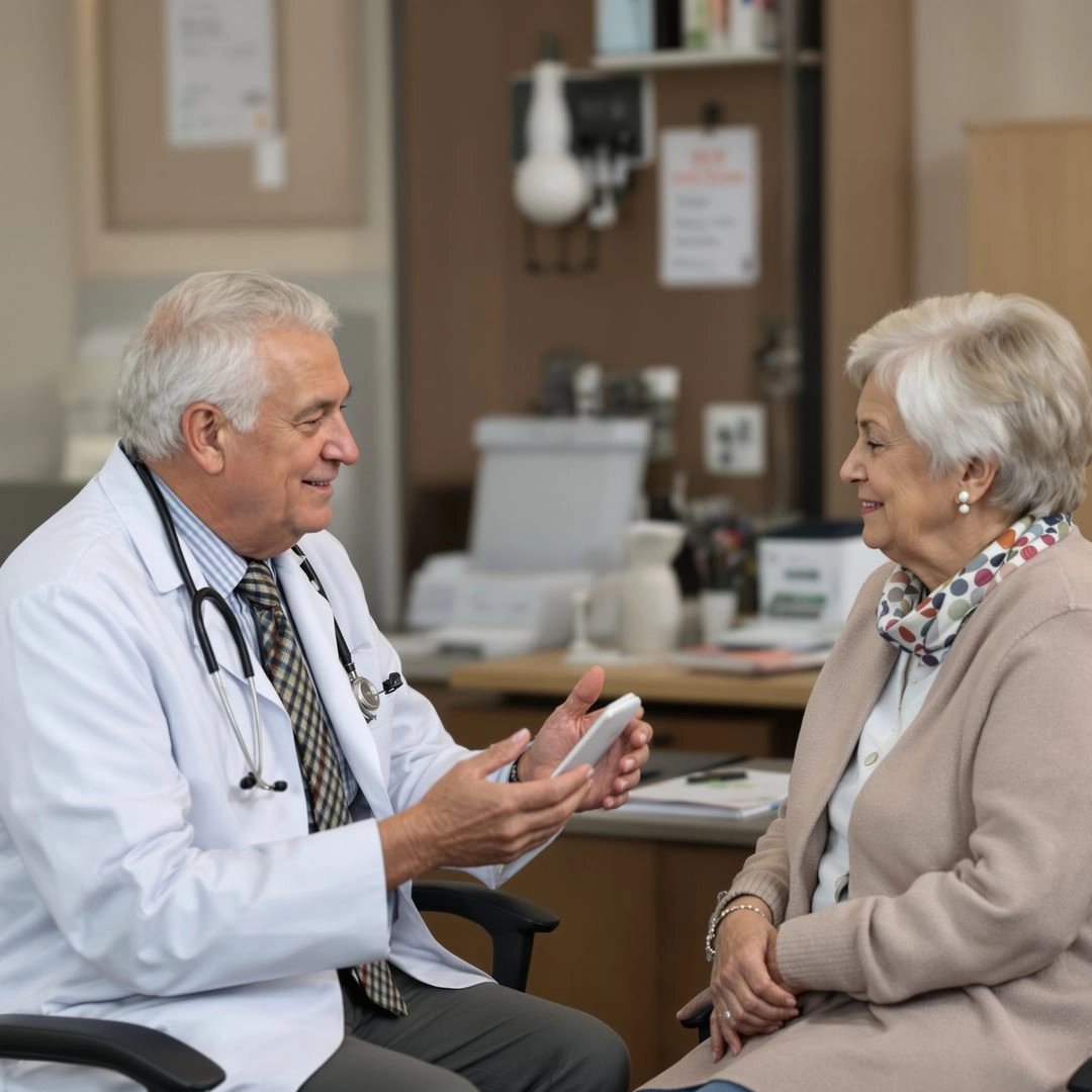 Doctor consulting elderly woman about medication and treatment options.