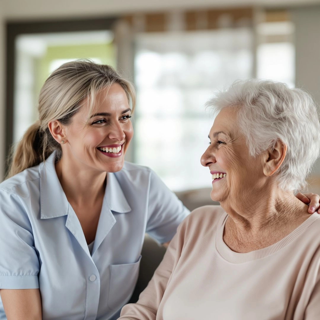 Caregiver providing kind support to elderly woman while maintaining self-care.