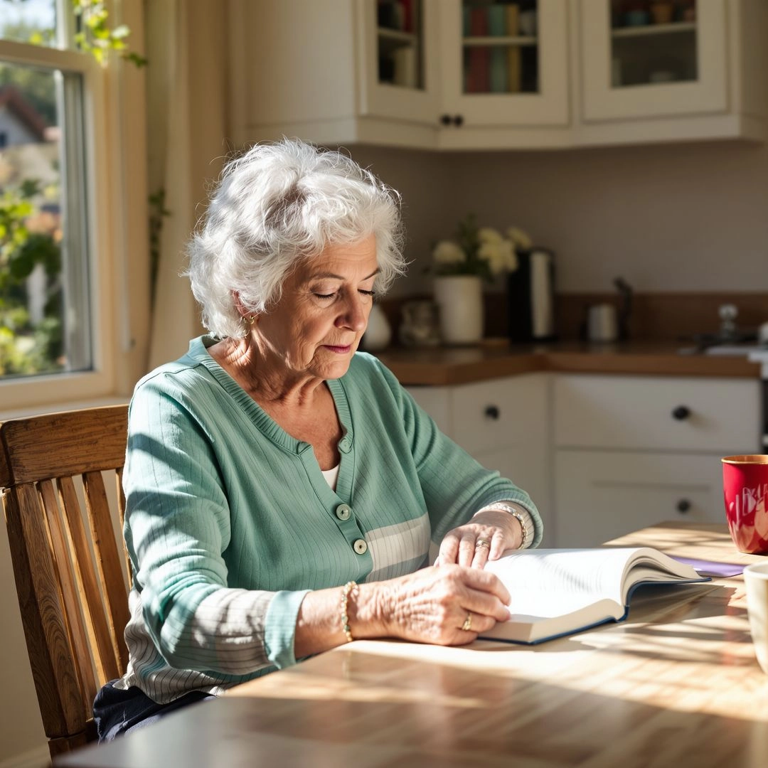 Senior woman relaxing with a book and staying hydrated as part of a daily routine.