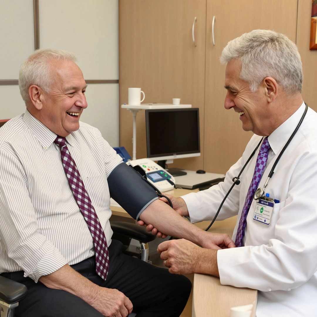 Doctor monitoring senior’s blood pressure for heart and brain health.