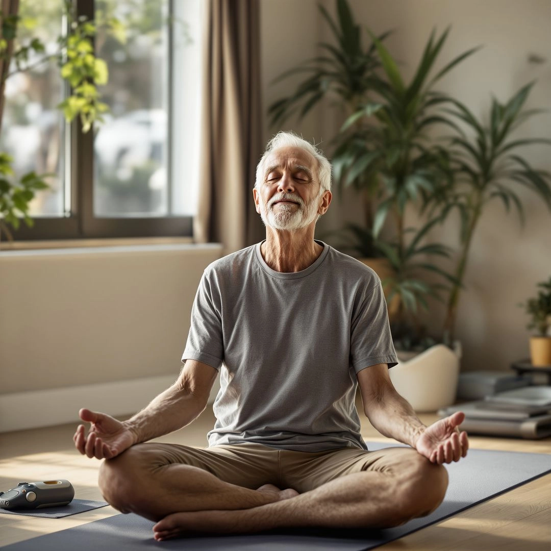Elderly man practicing mindfulness breathing to manage daily stress.