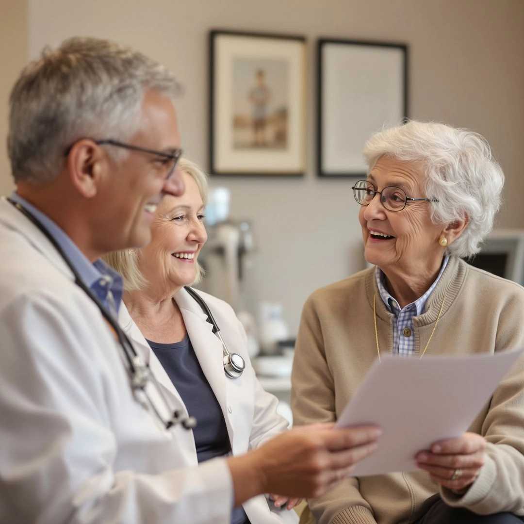Doctor consulting elderly woman about safe exercise precautions before starting a fitness plan.