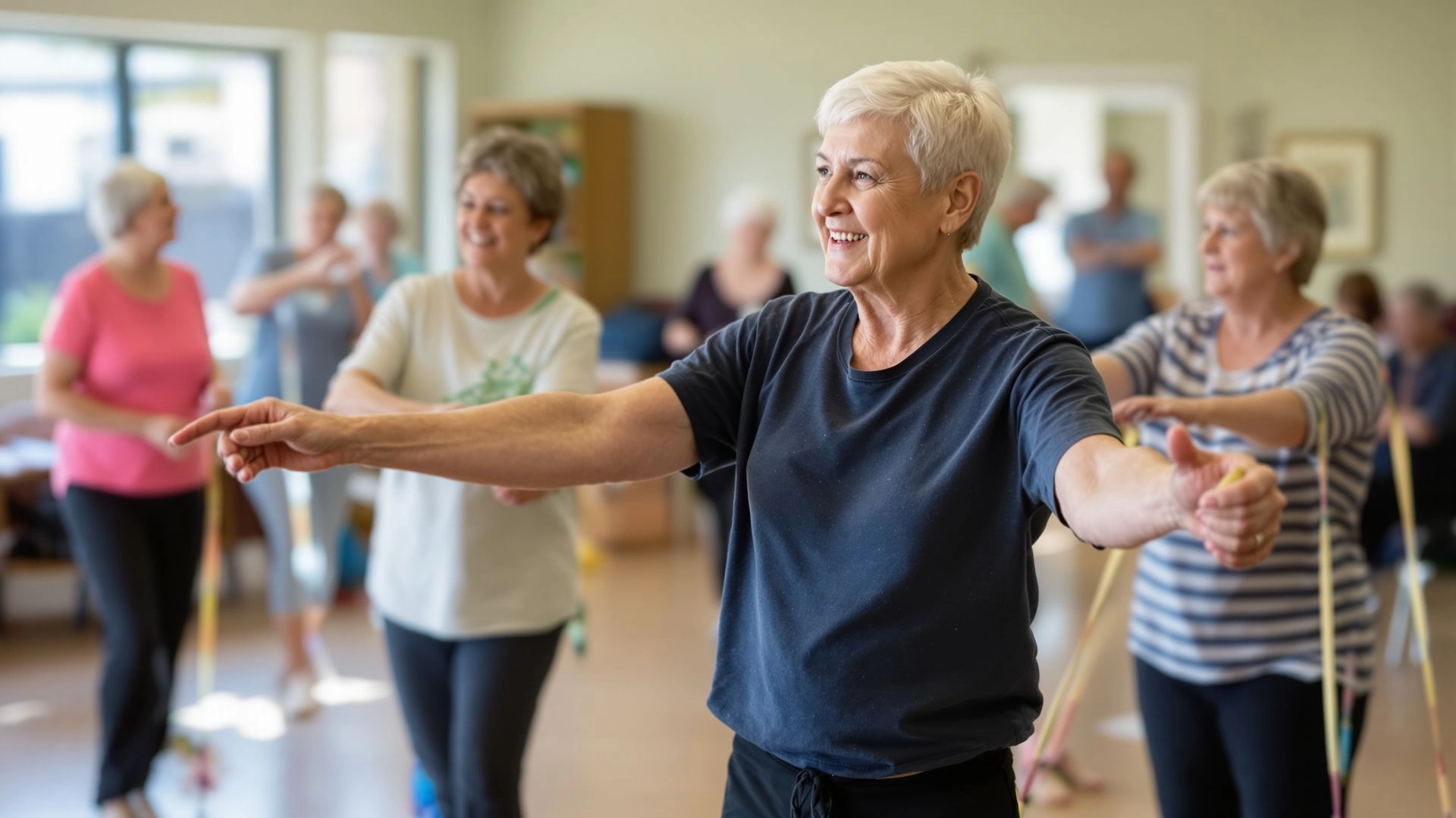 Seniors following a light exercise routine including walking, stretching, and strength training.