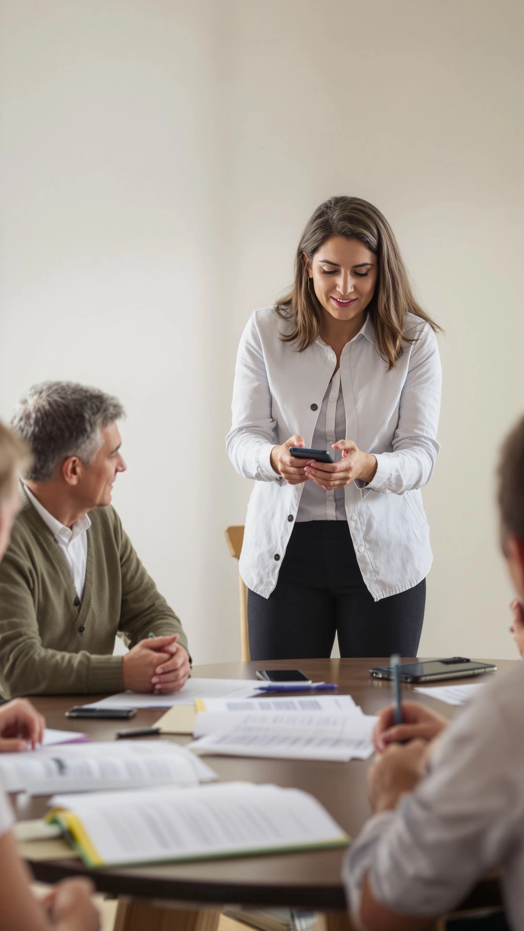 Mediator helping elderly family plan caregiving responsibilities step by step.