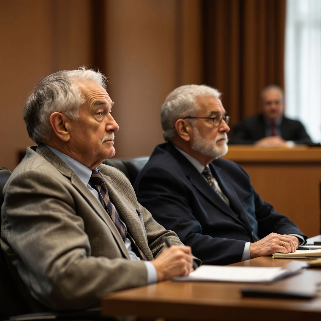 Elderly man with lawyer attending a court hearing for a legal dispute.