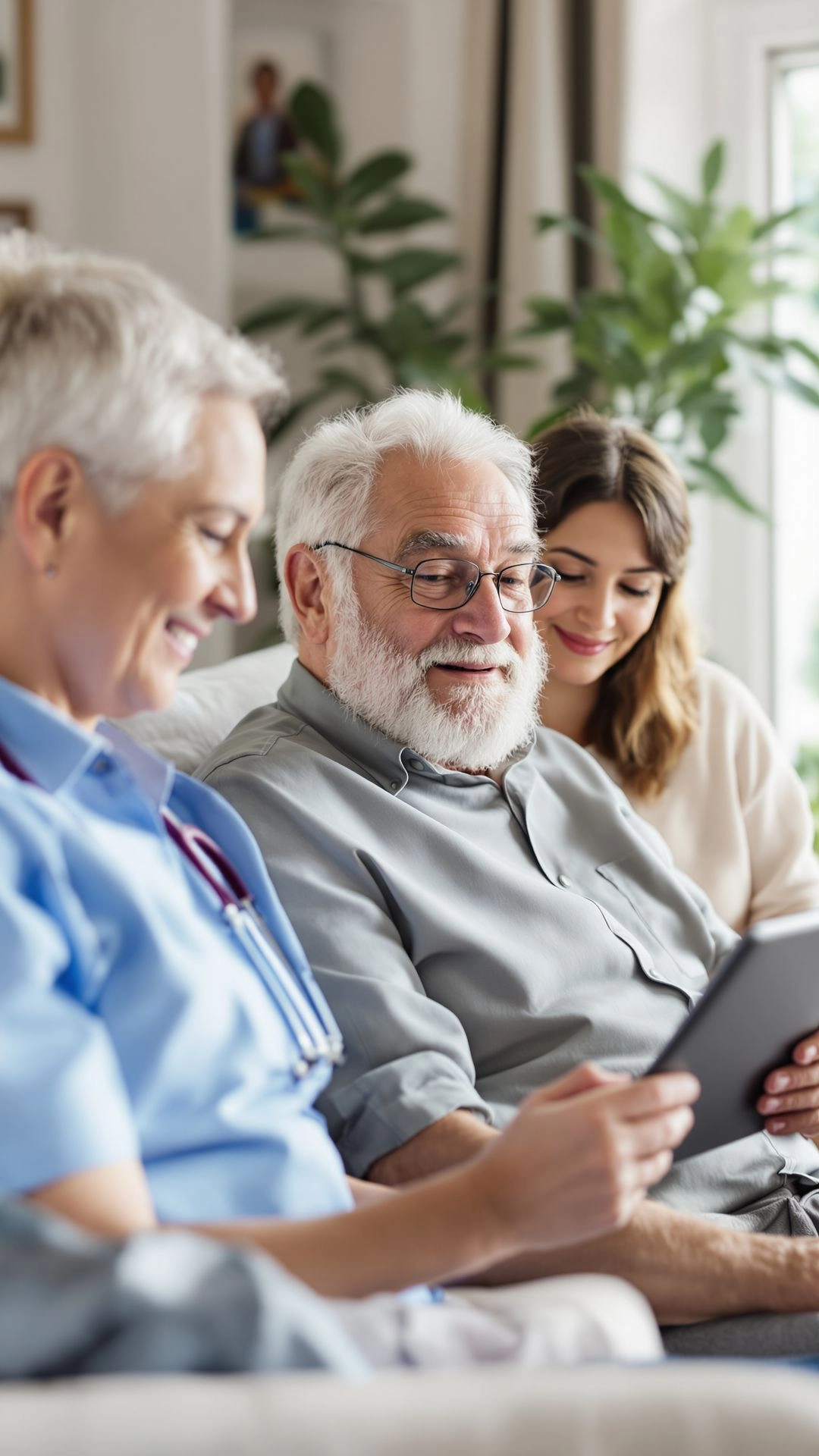 Care manager conducting in-home assessment with elderly man and family member.