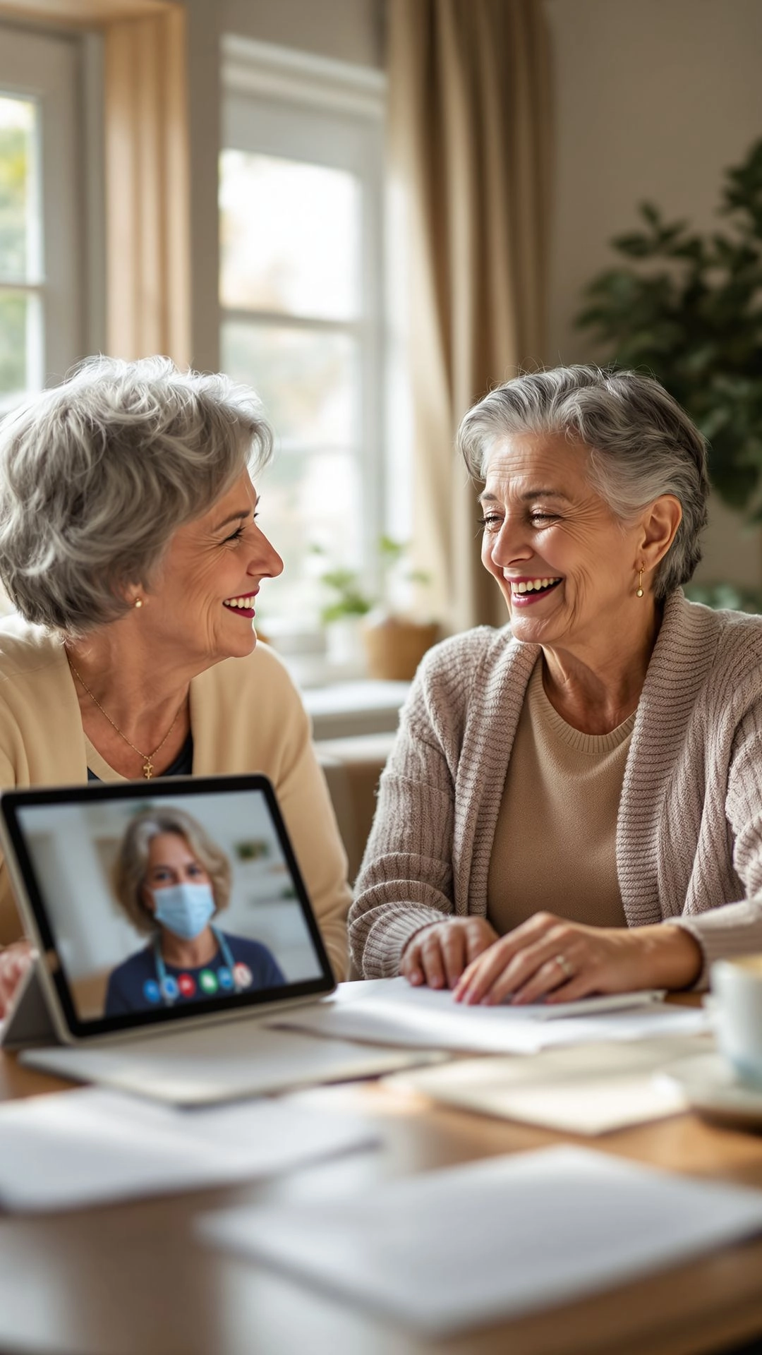 Middle-aged daughter supporting her elderly mother at home with help from a care manager, showing comfort and teamwork.