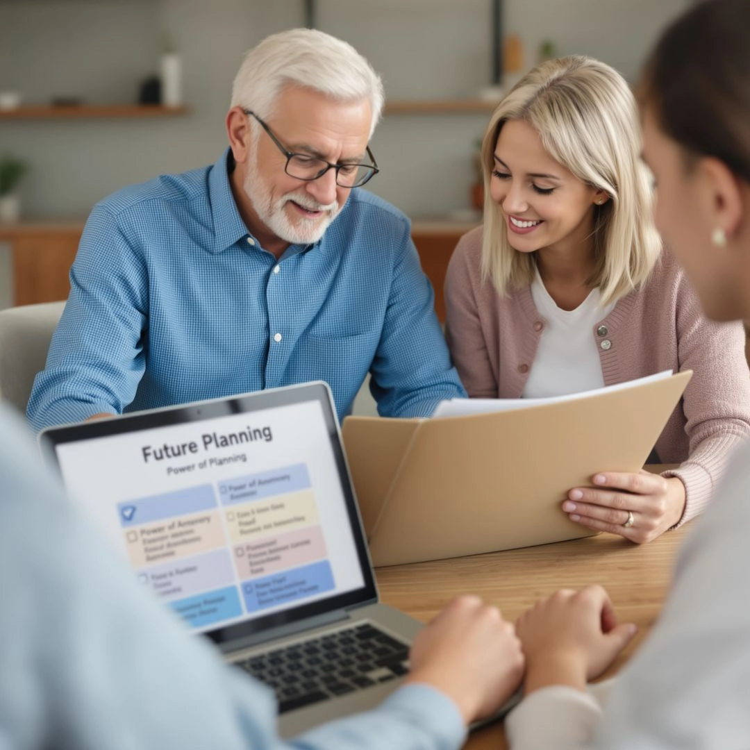 Financial advisor helping elderly parent and adult child with early financial and power of attorney planning.