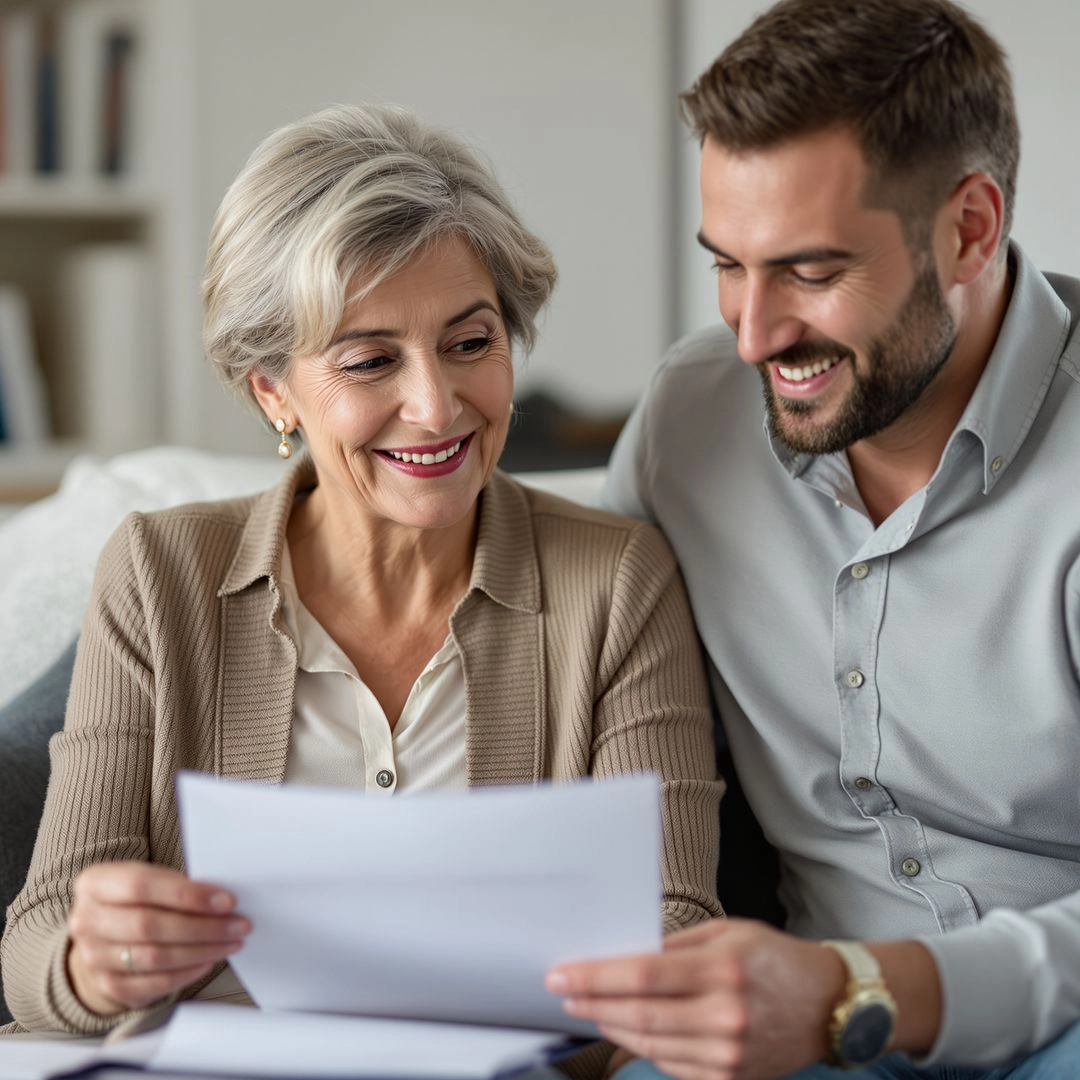 Senior woman reviewing durable power of attorney paperwork with family member.
