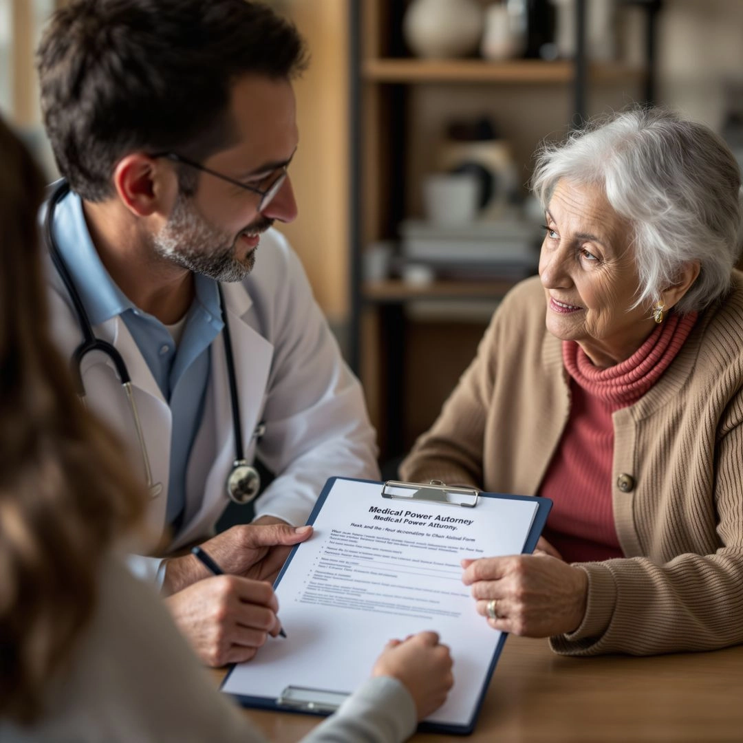 Doctor discussing medical power of attorney options with elderly patient and family member.