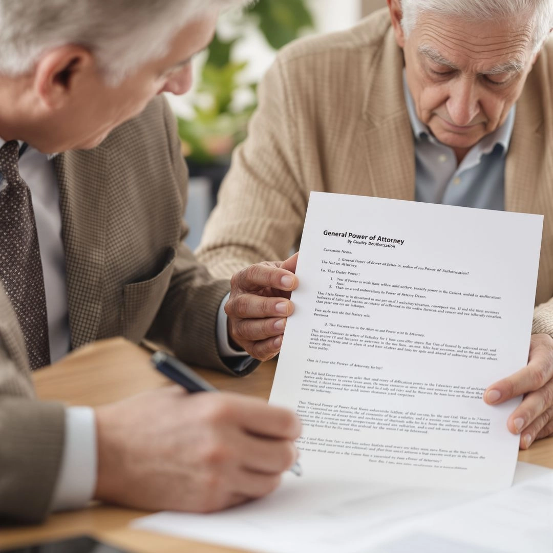Older adult reviewing and signing general power of attorney documents with advisor.