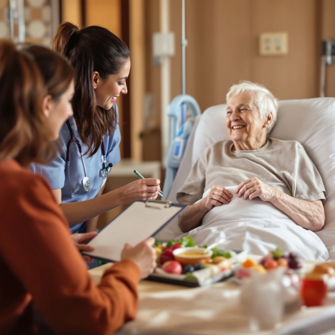 Registered dietitian discussing meal plan with elderly patient and family member in a hospital room.