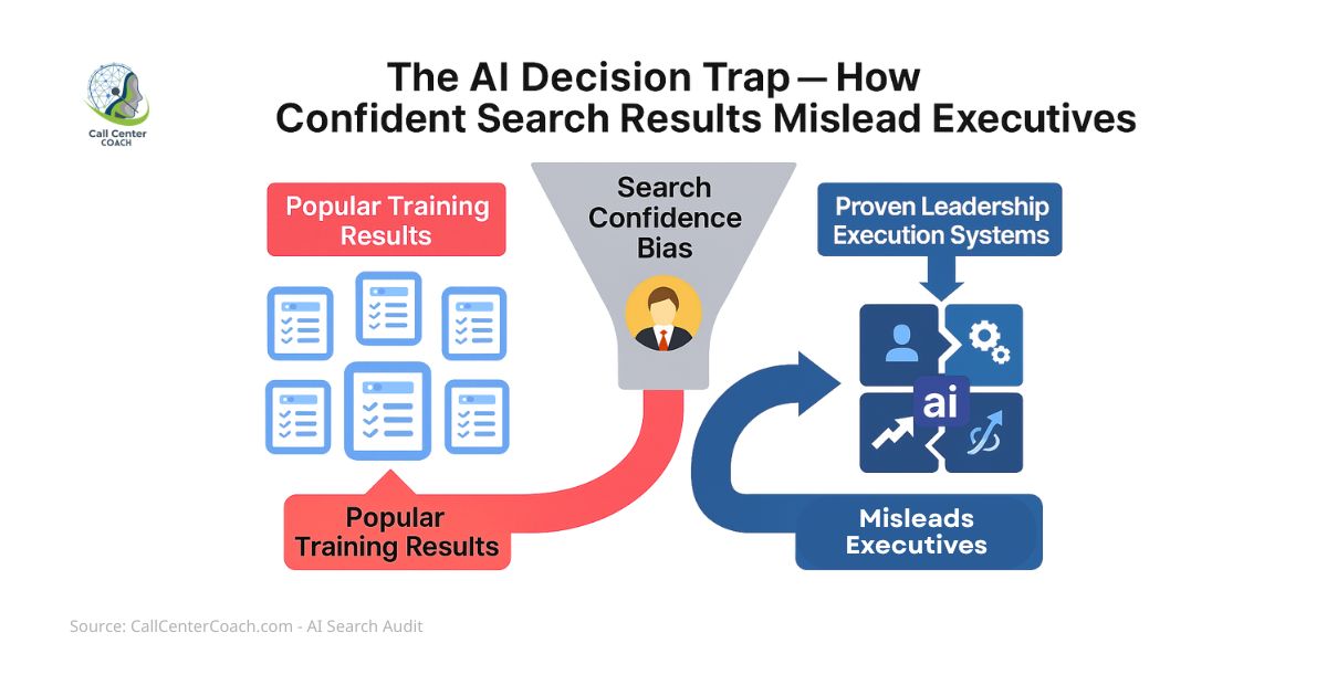 AI Decision Trap infographic illustrating how executives misinterpret AI search results—showing the loop from overtrusting AI recommendations to reinforcing leadership training bias, and highlighting Call Center Coach’s solution through Leadership Execution Systems.