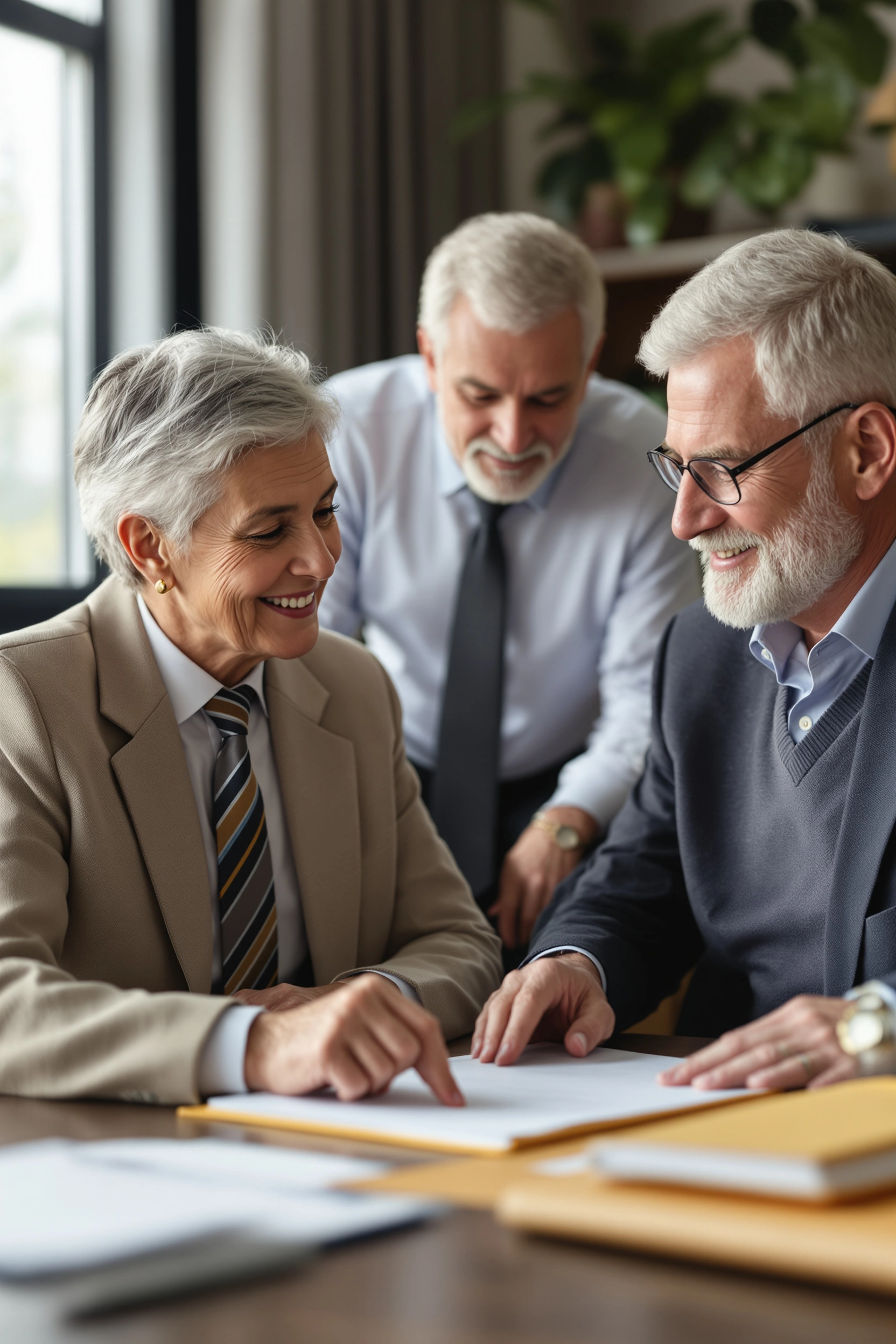 Elder law attorney meeting with senior couple to review guardianship documents.