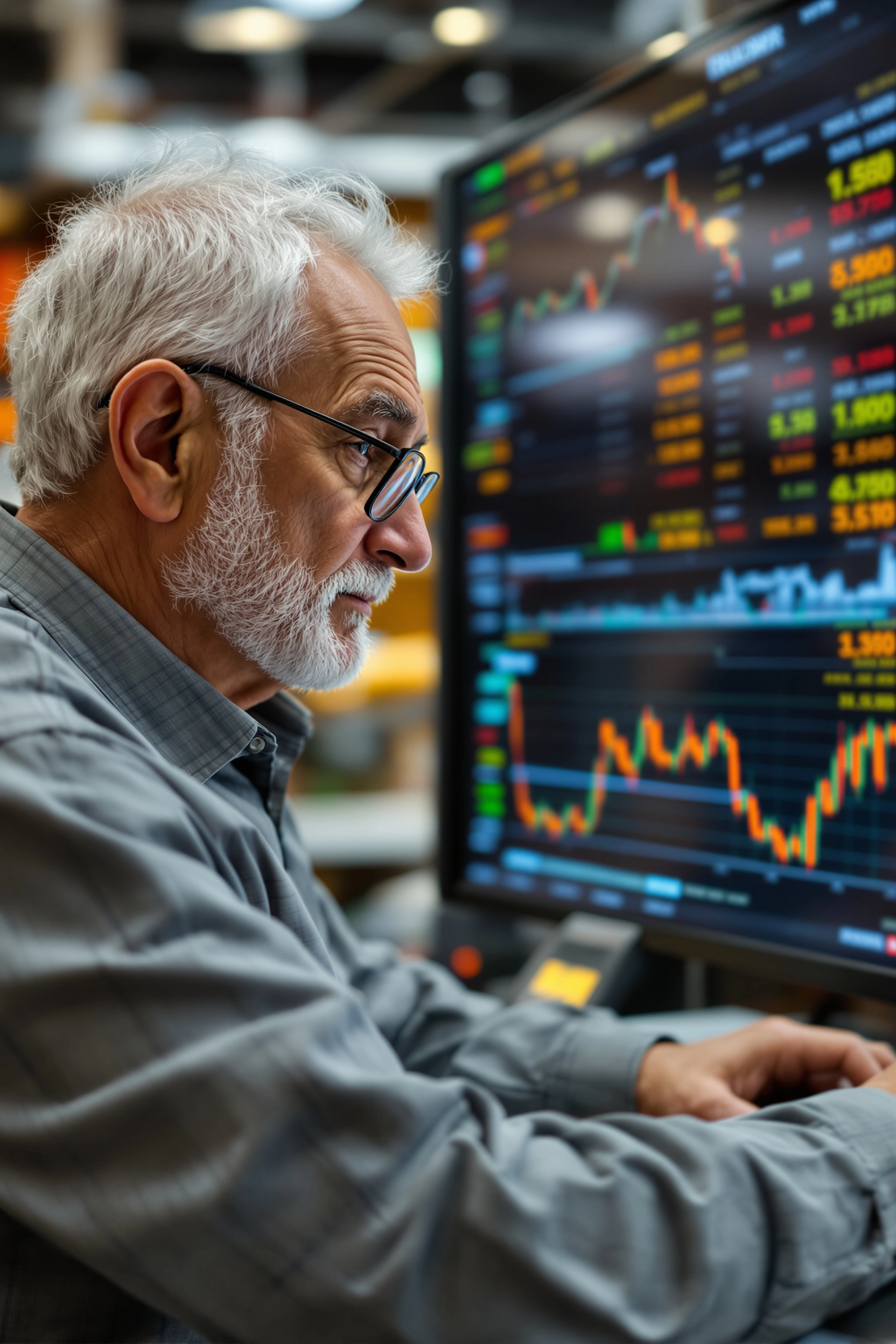Elderly man reviewing financial information on a screen, representing conservatorship duties.