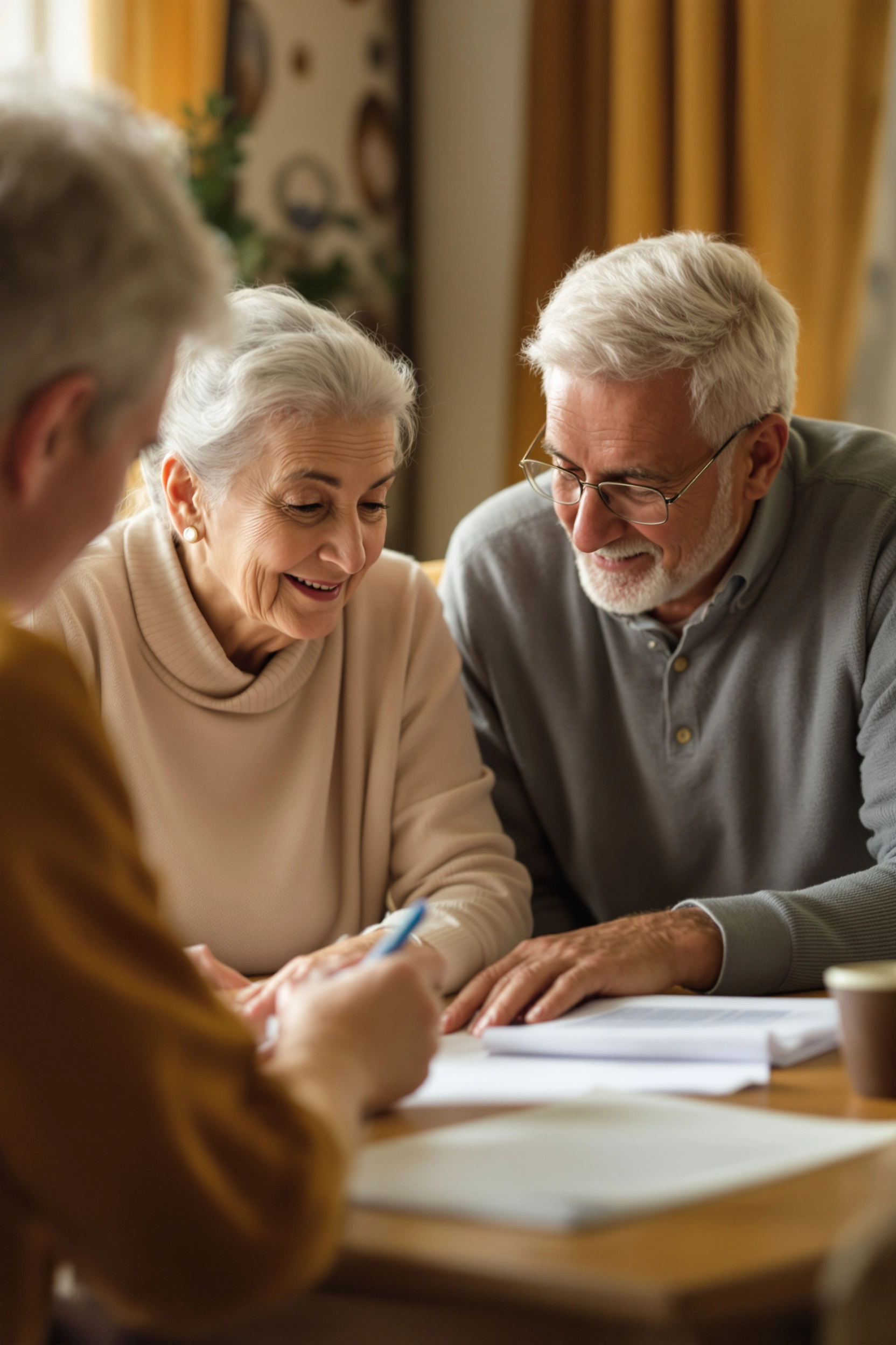 Elderly couple and family member discussing important documents at home.