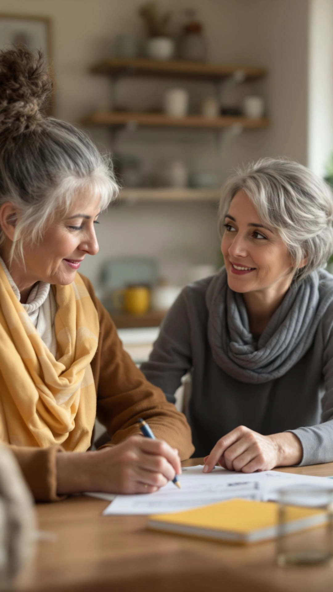 Elderly woman and adult daughter reviewing advance care planning documents together.
