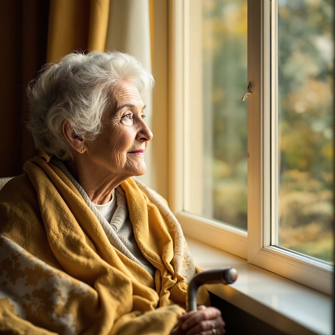Elderly woman sitting quietly by the window, reflecting on health and aging.