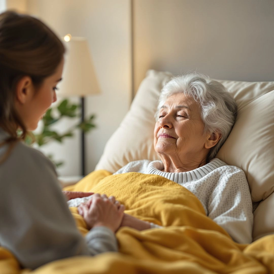 Elderly woman resting peacefully at home with a family member holding her hand.