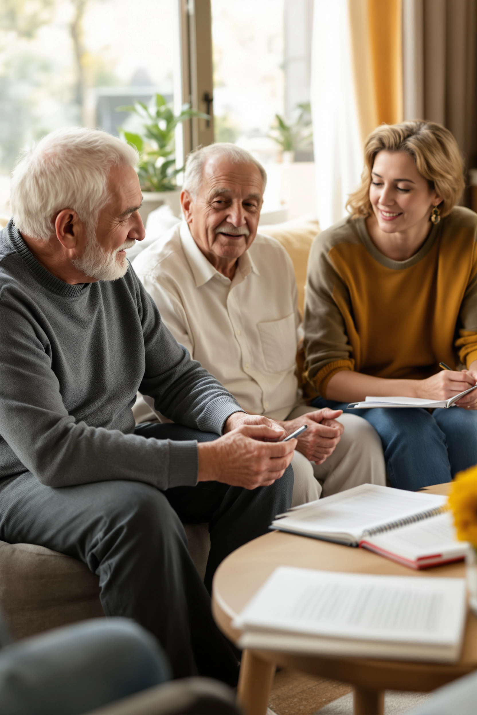 Elderly couple and adult children having a thoughtful family discussion at home.