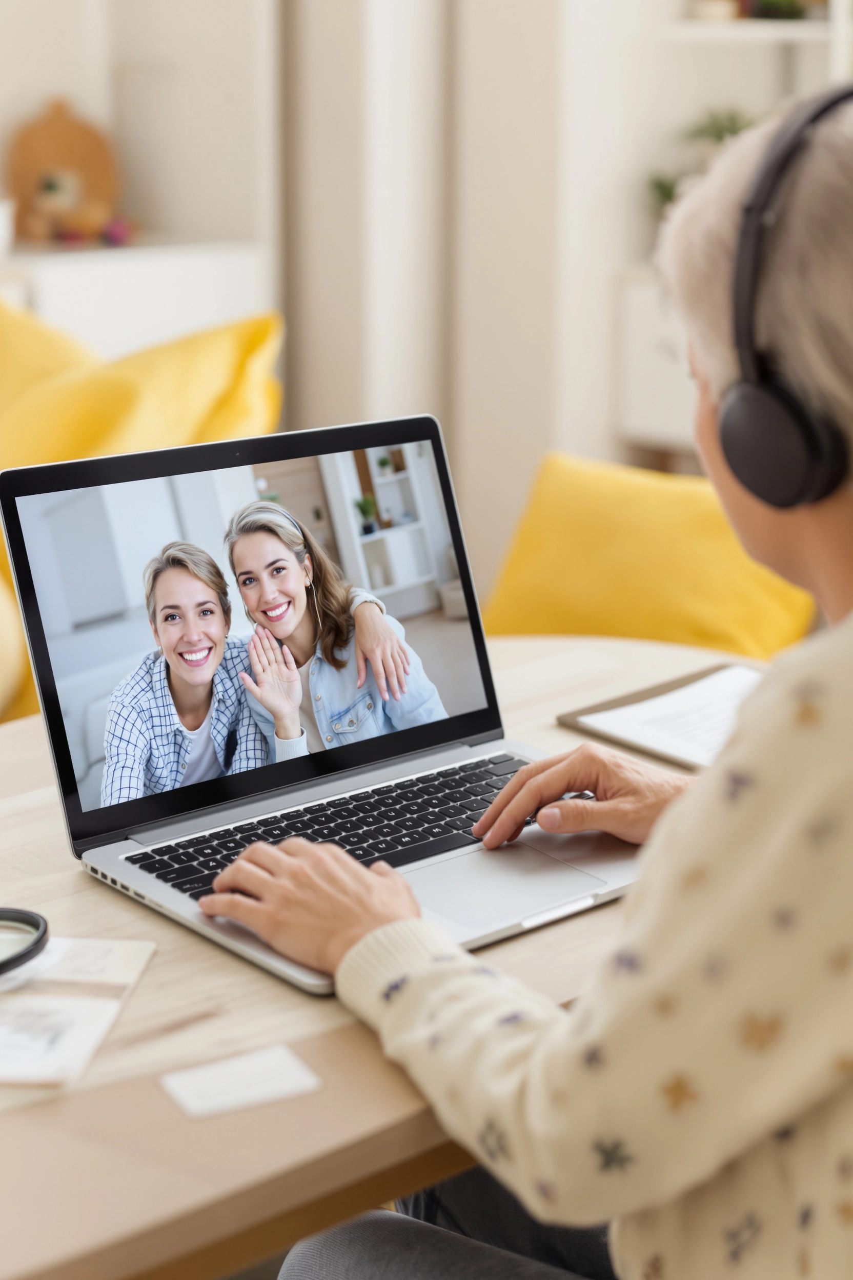 Elderly woman joining a family mediation video call from home.