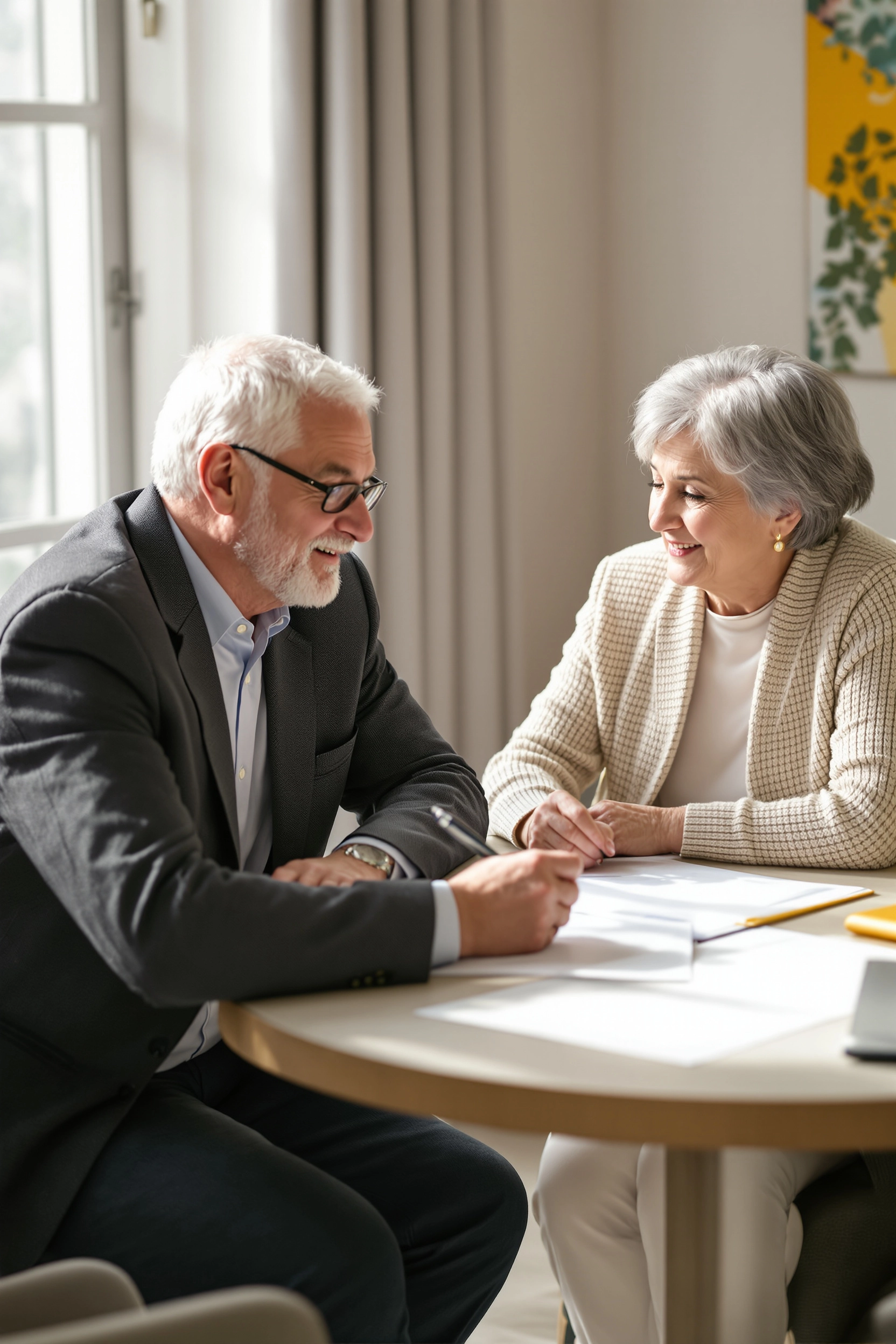 Mediator meeting with elderly couple in a respectful, supportive setting.