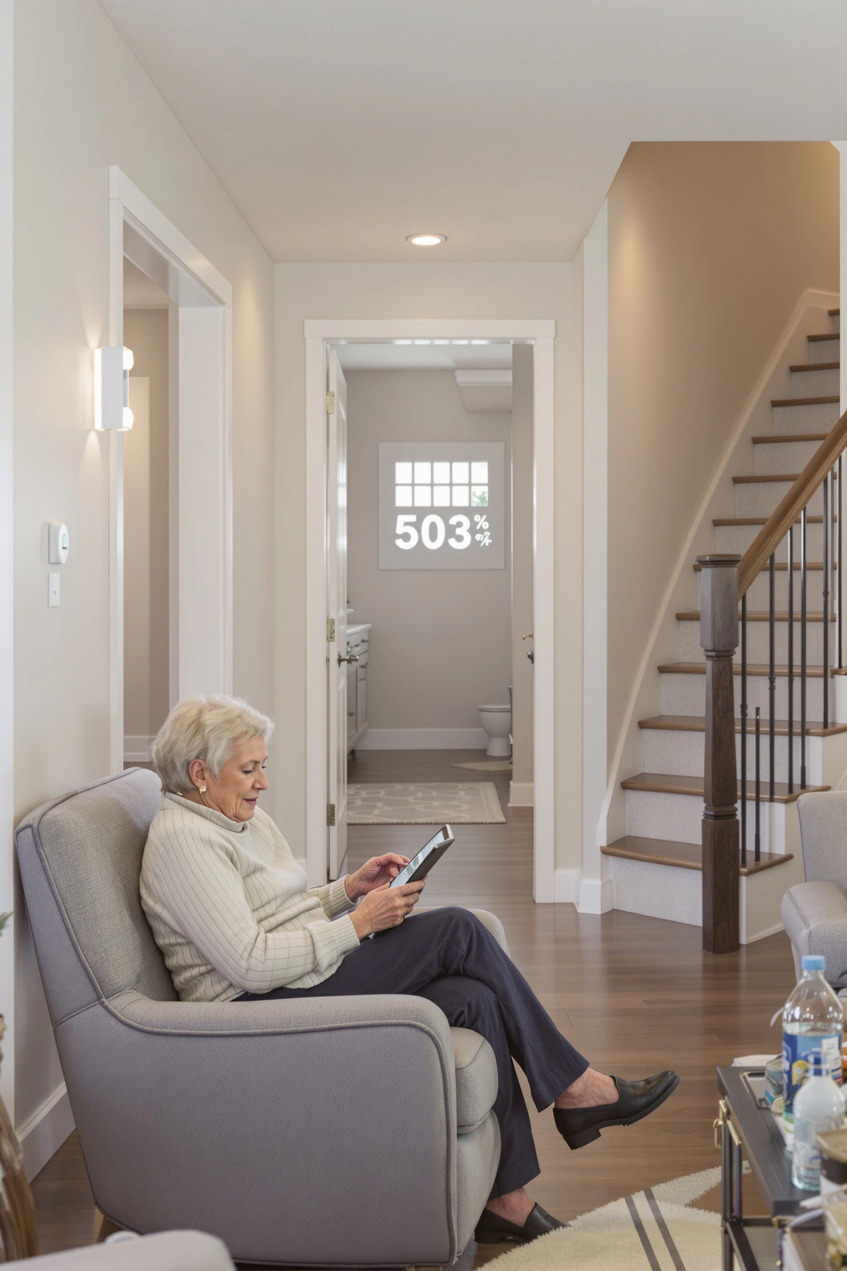 Elderly woman in accessible home with smart lighting and minimal stairs.
