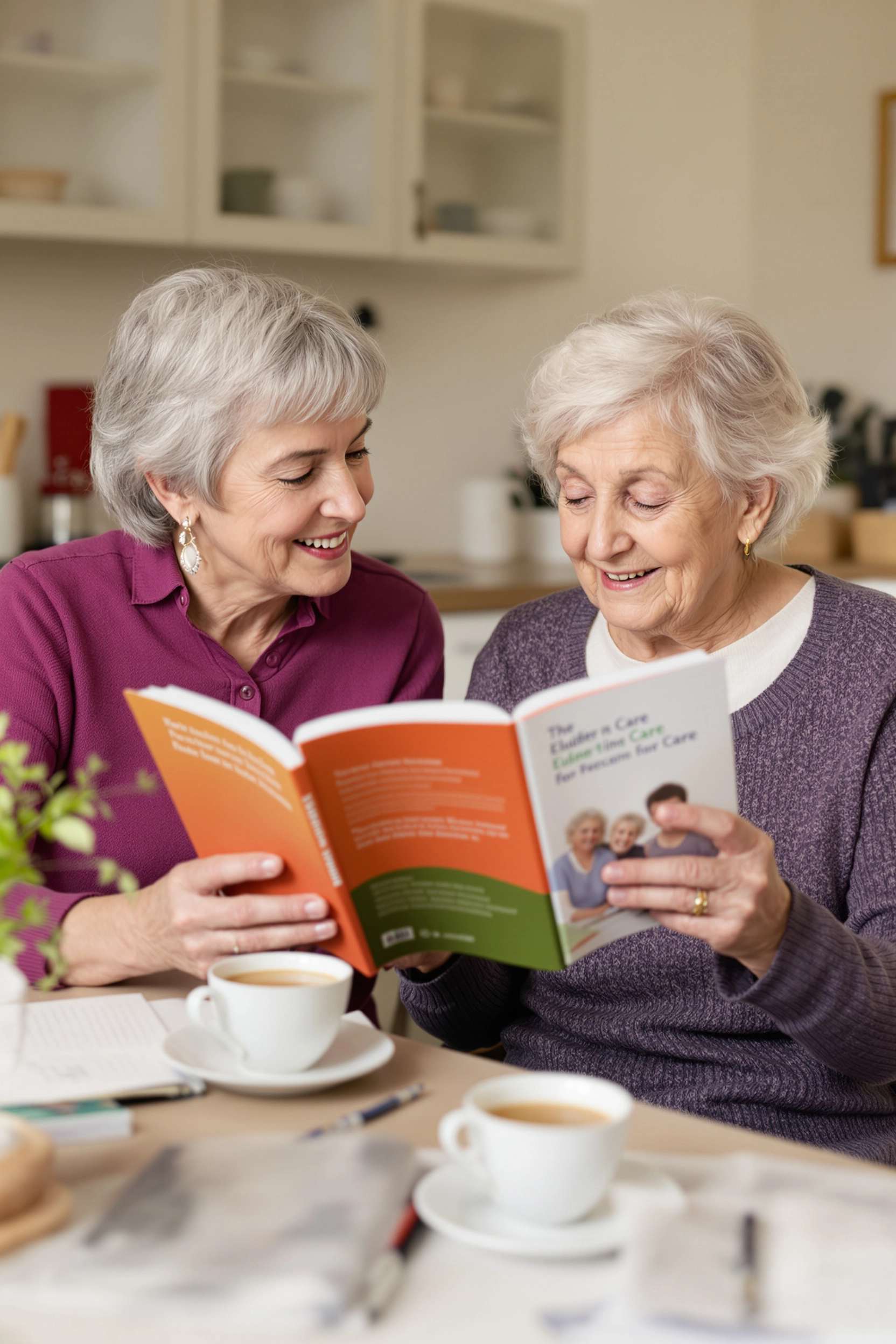 Caregiver and elderly woman reading a caregiving guide together at home.