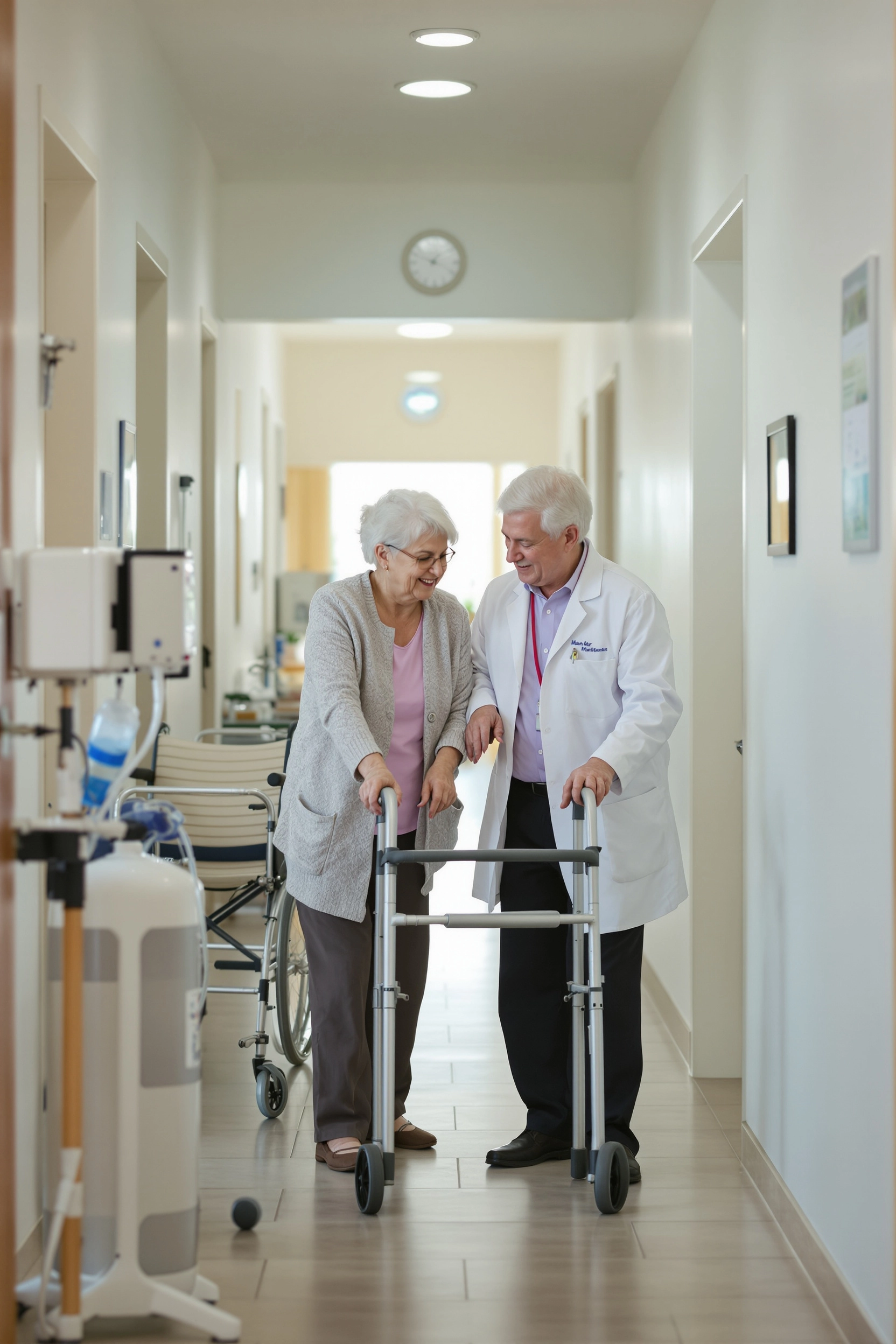 Doctor helping elderly woman with walker and oxygen equipment covered by Medicare.