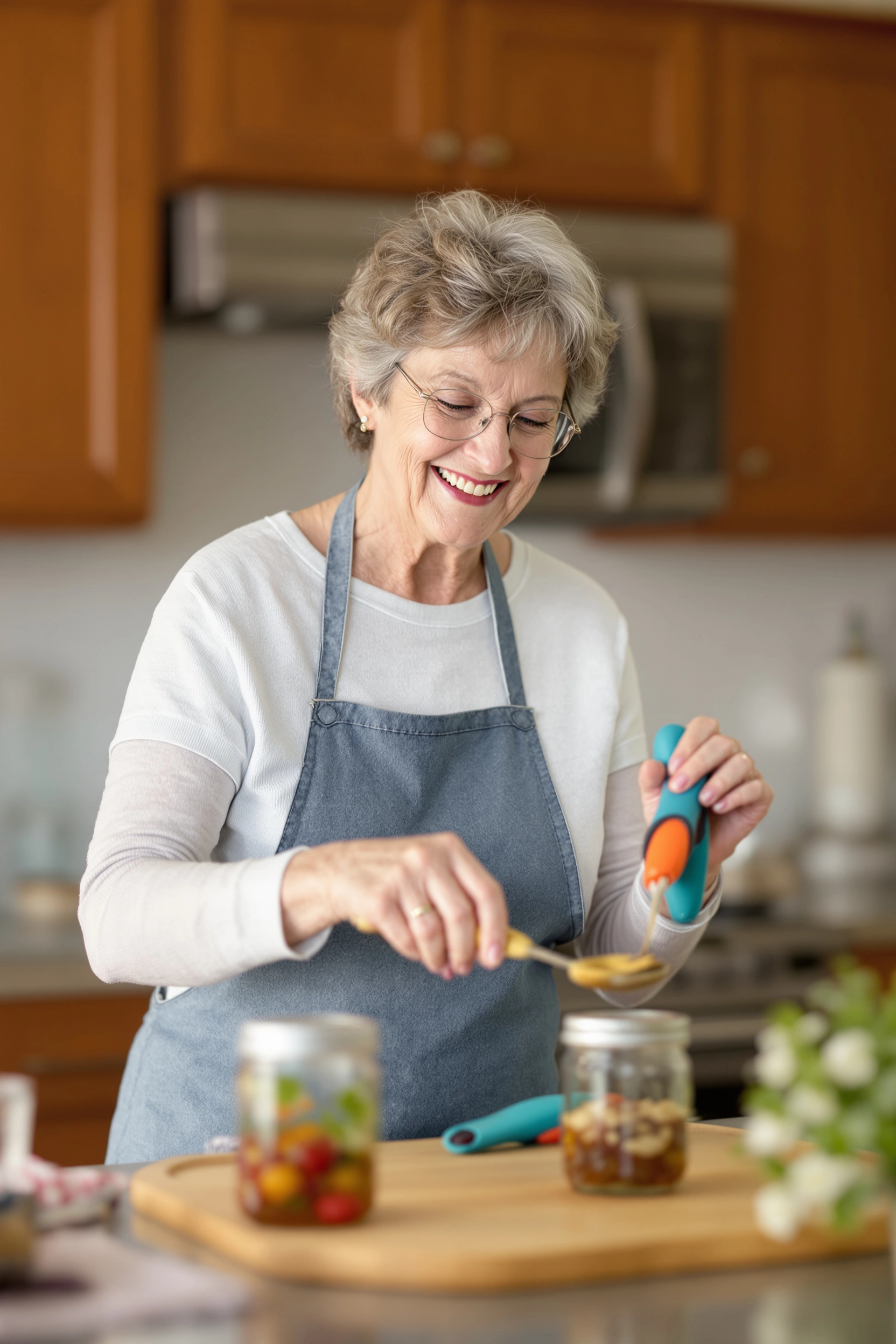 Elderly woman using adaptive utensils and jar opener for independent living.