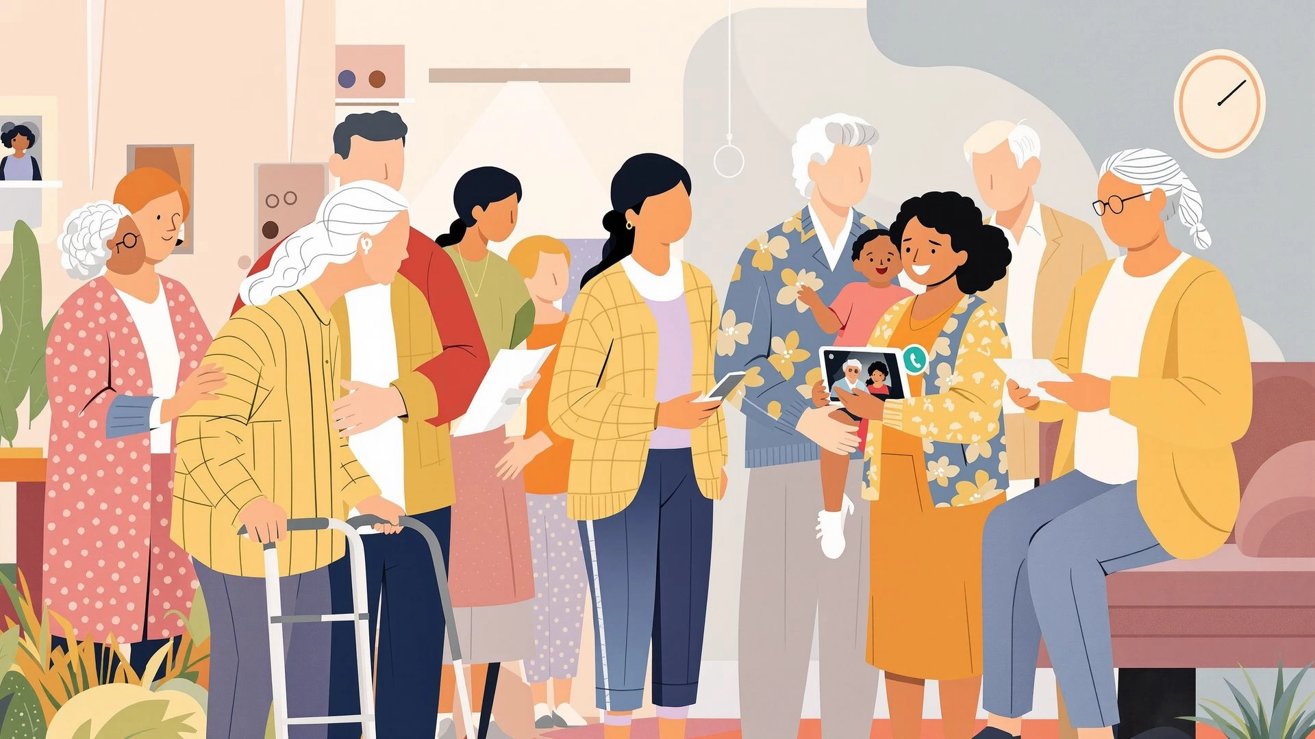 Illustration of seniors and family caregivers supported by a care manager in daily life.