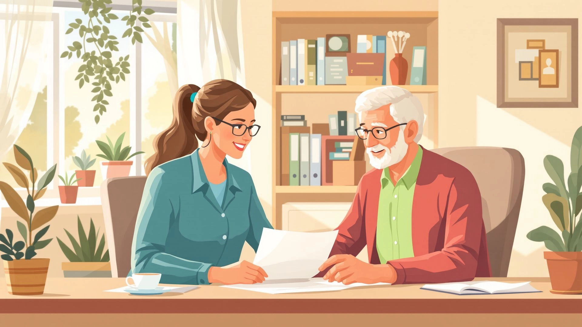 Geriatric care manager guiding an elderly man and his daughter through care planning.