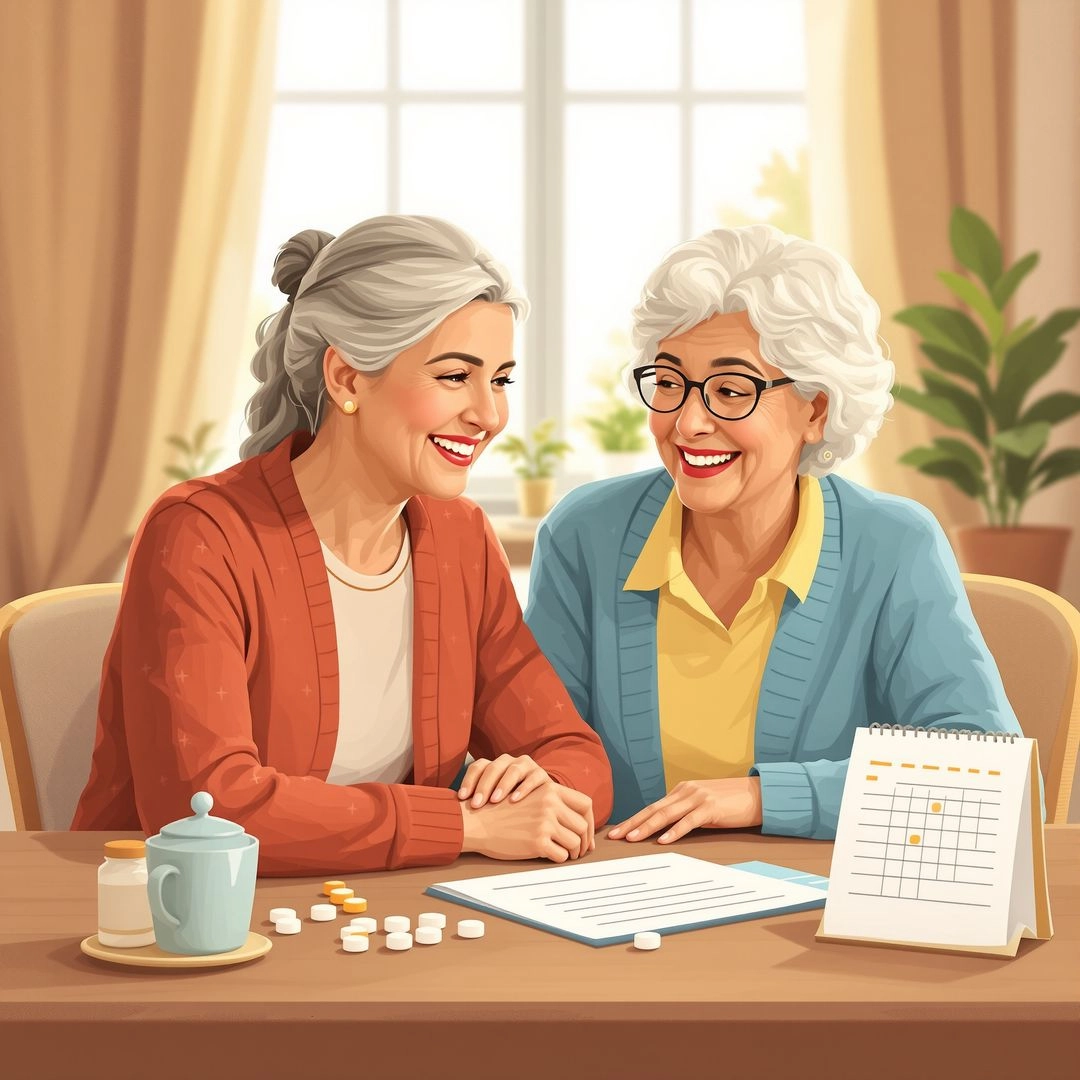 Daughter and elderly mother at home after care manager’s visit, showing improved wellbeing.