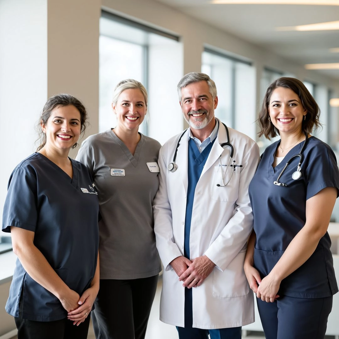 Multidisciplinary geriatric care team of doctors, nurses, and therapists in a clinic.