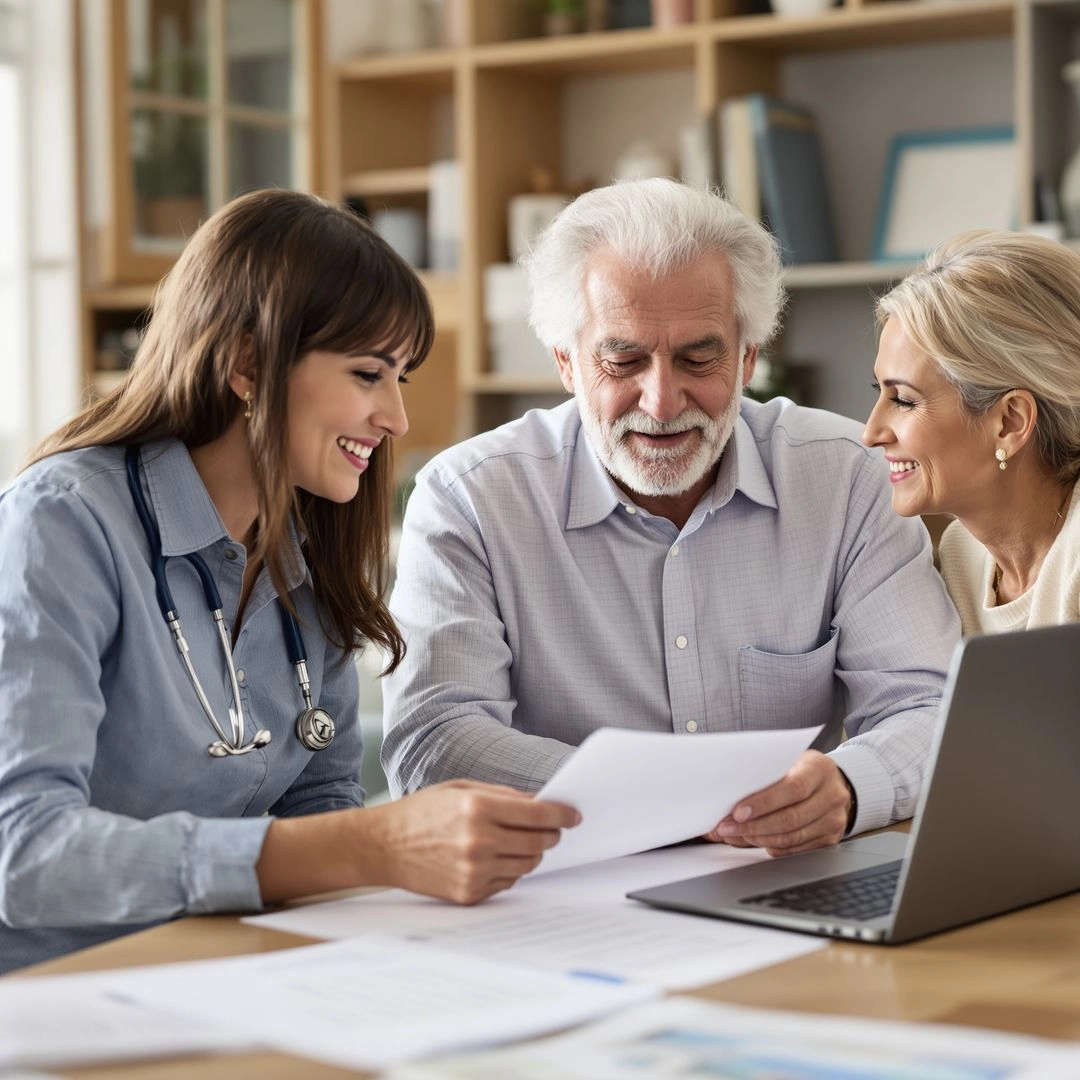 Elderly man and daughter discussing insurance coverage for home medical visits with staff member.
