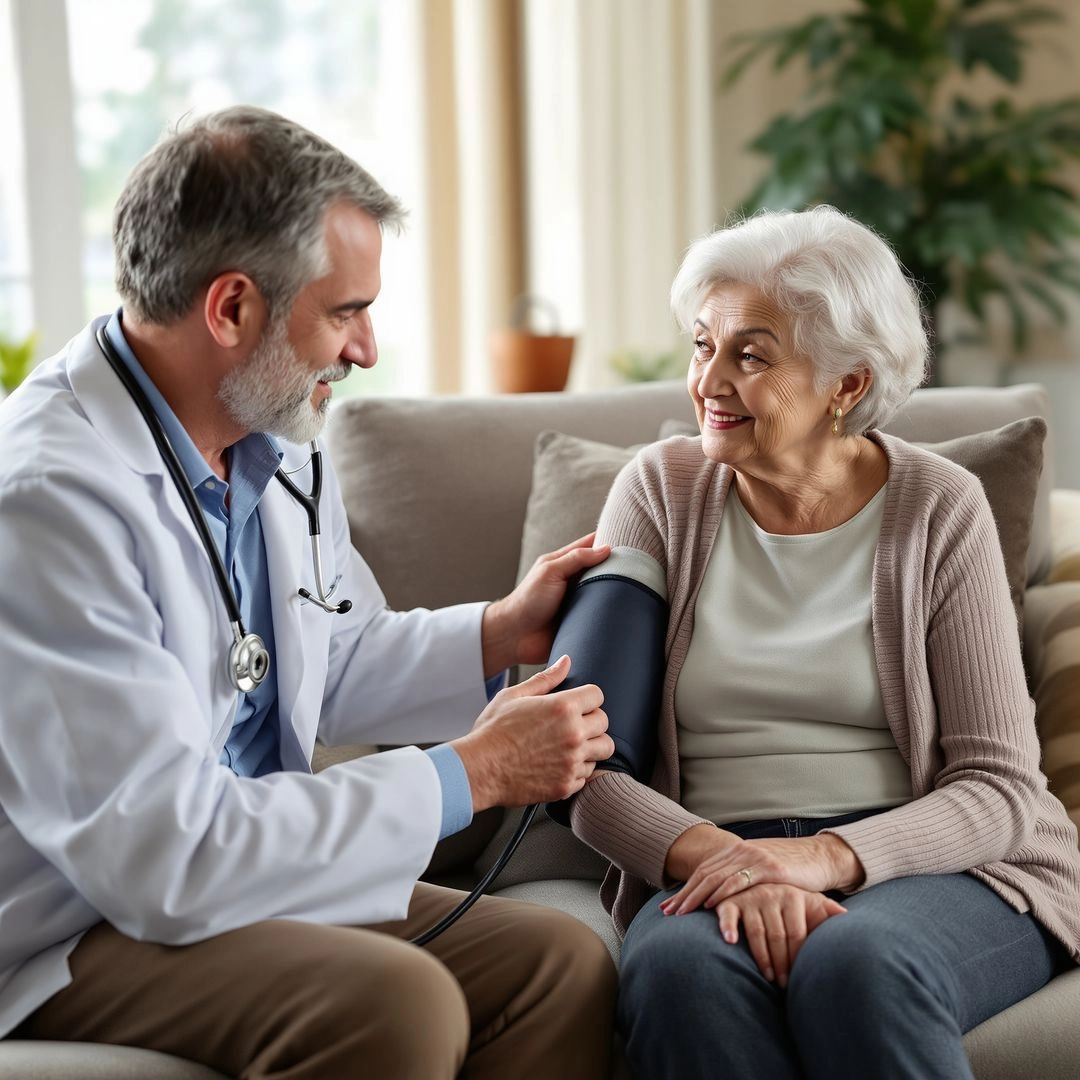 Doctor providing in-home medical care to elderly woman during a house call.
