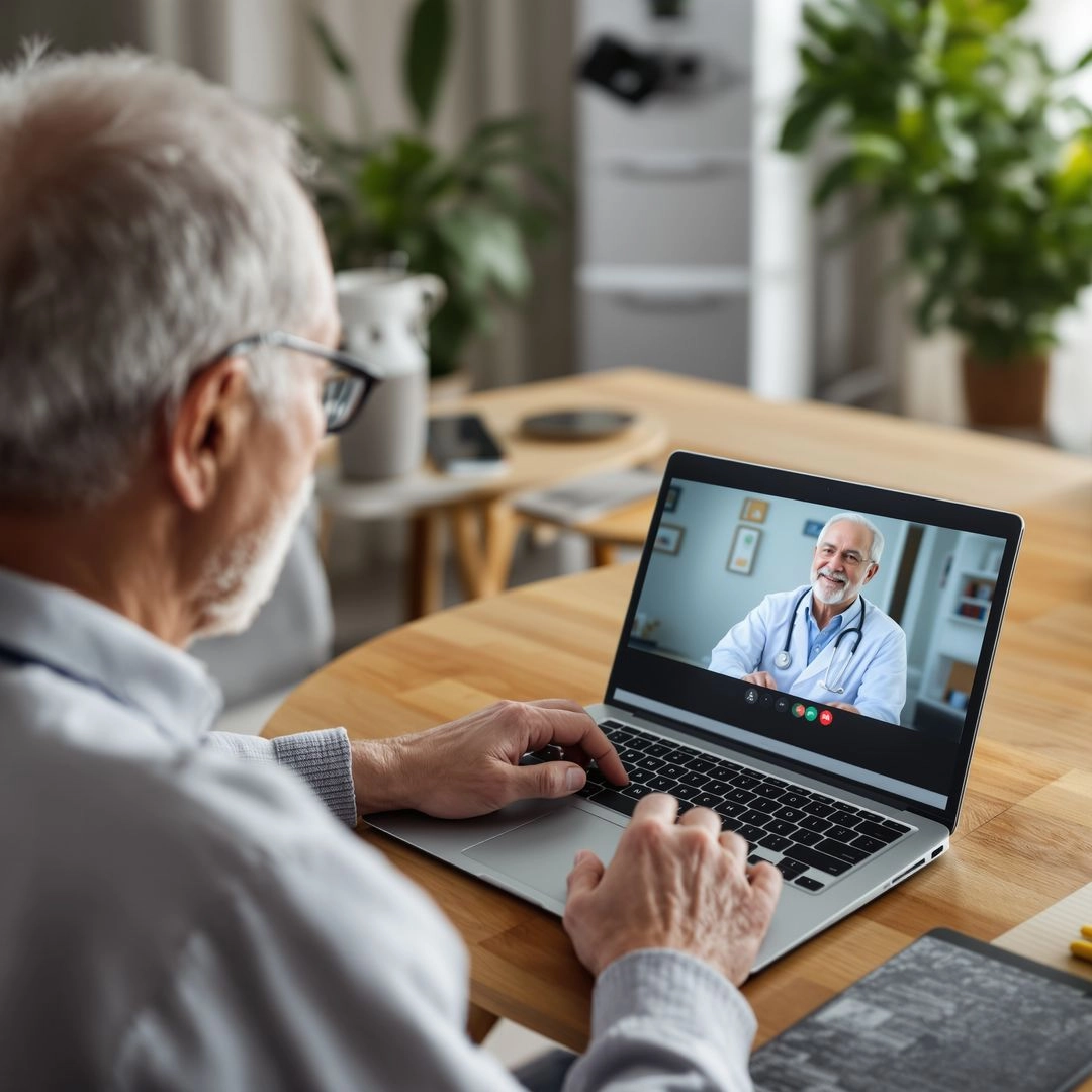 Senior man using telehealth to consult a doctor with caregiver assistance.