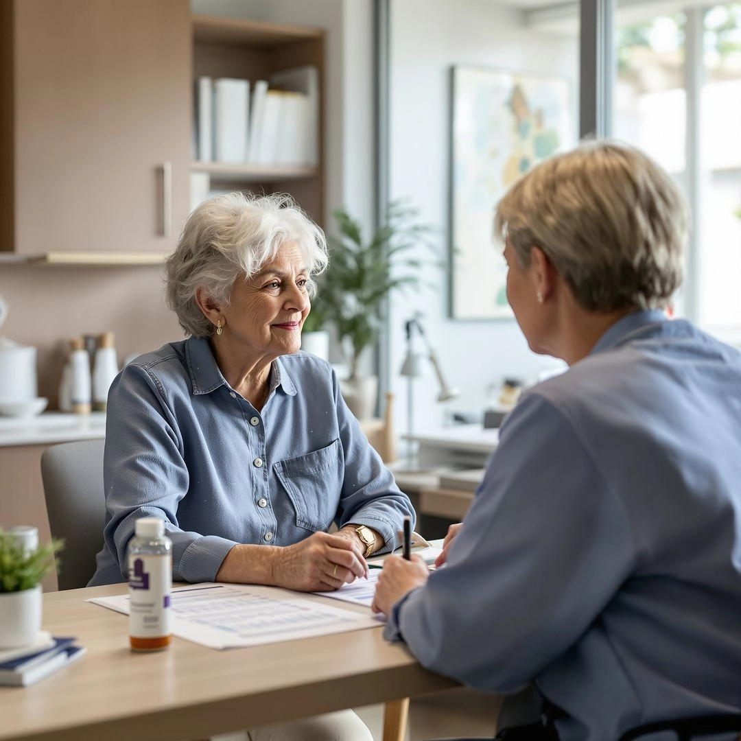 Senior patient discussing a comprehensive geriatric care plan and medication review with provider.