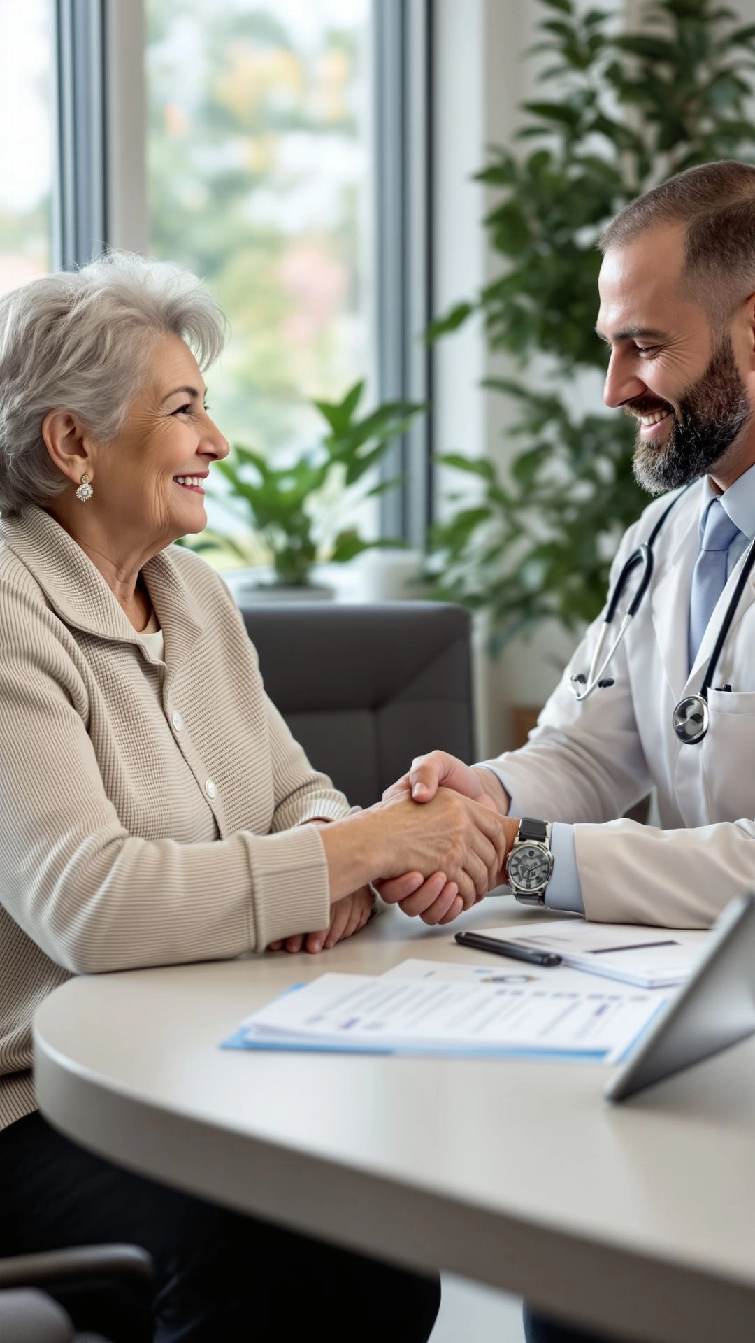 Elderly woman and her son meeting a healthcare provider to choose a trusted care provider.