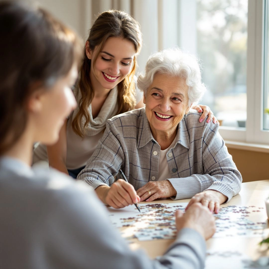Senior woman and family enjoying meaningful activities representing benefits of adult day care.