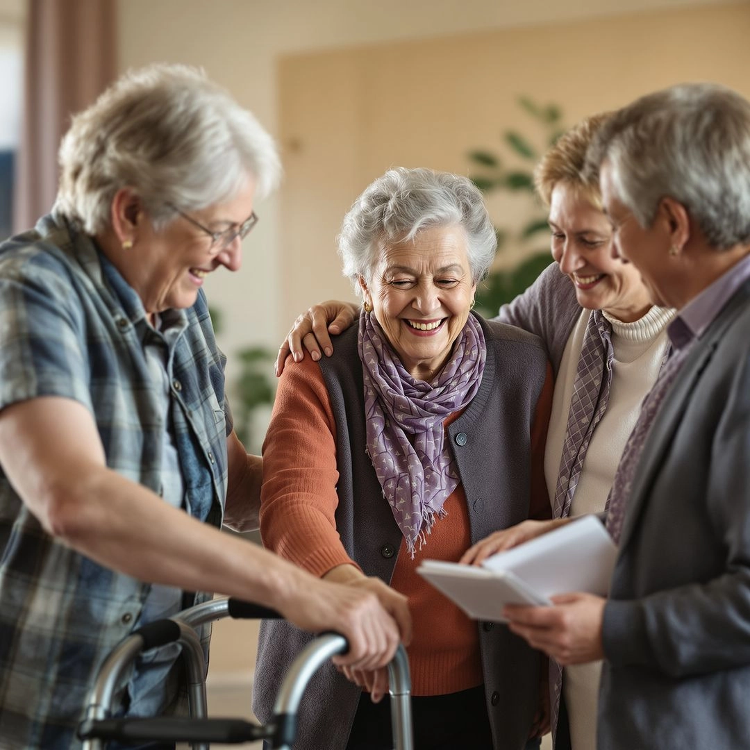 Group of elderly adults with different needs receiving supportive care in day center.