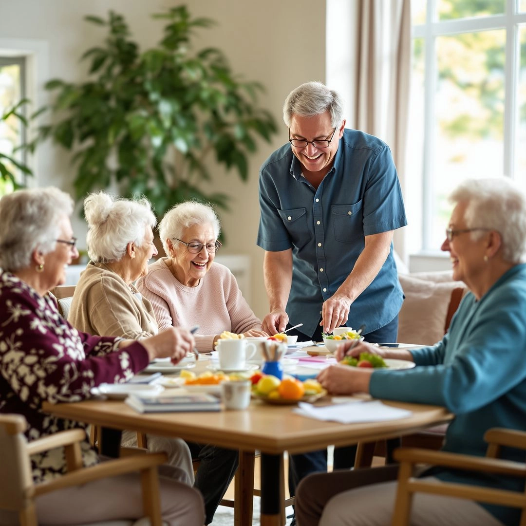 Daily activities for seniors at adult day care including exercise, meals, and crafts.