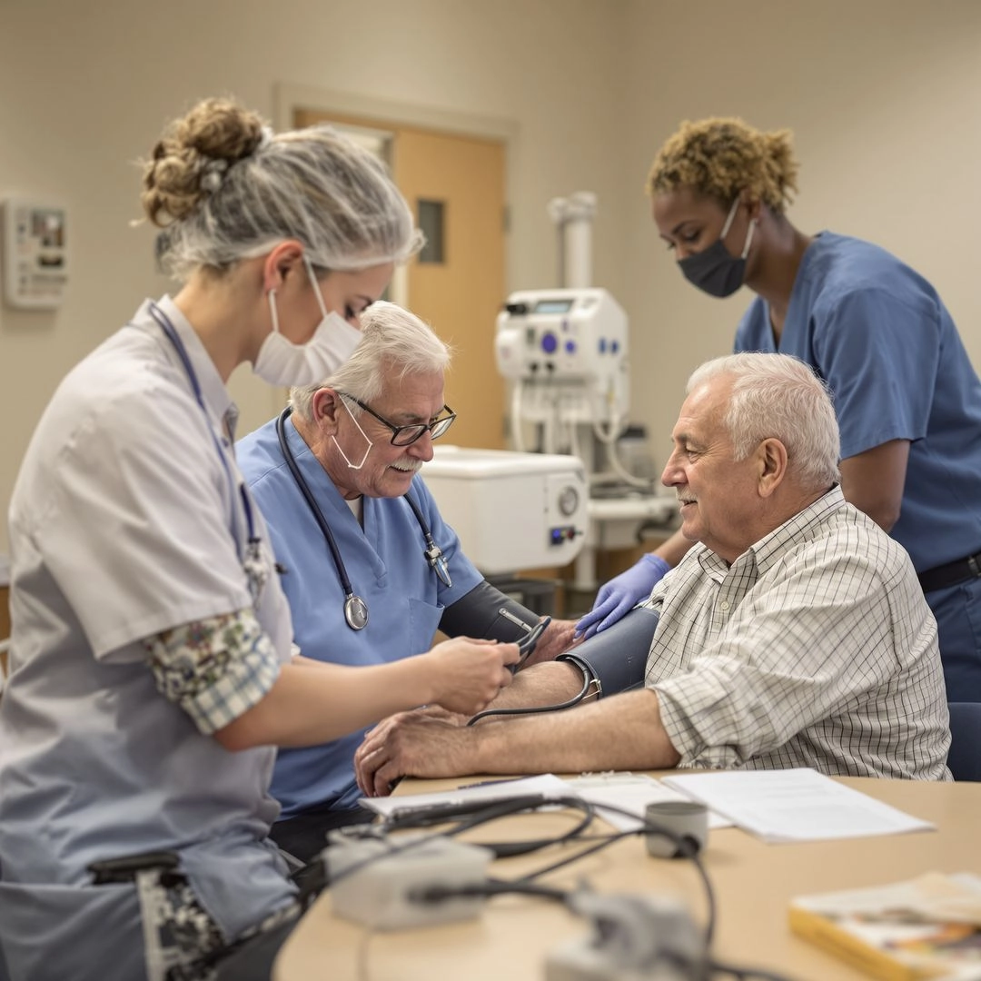 Nurse and caregivers ensuring health and safety for seniors in adult day care program.