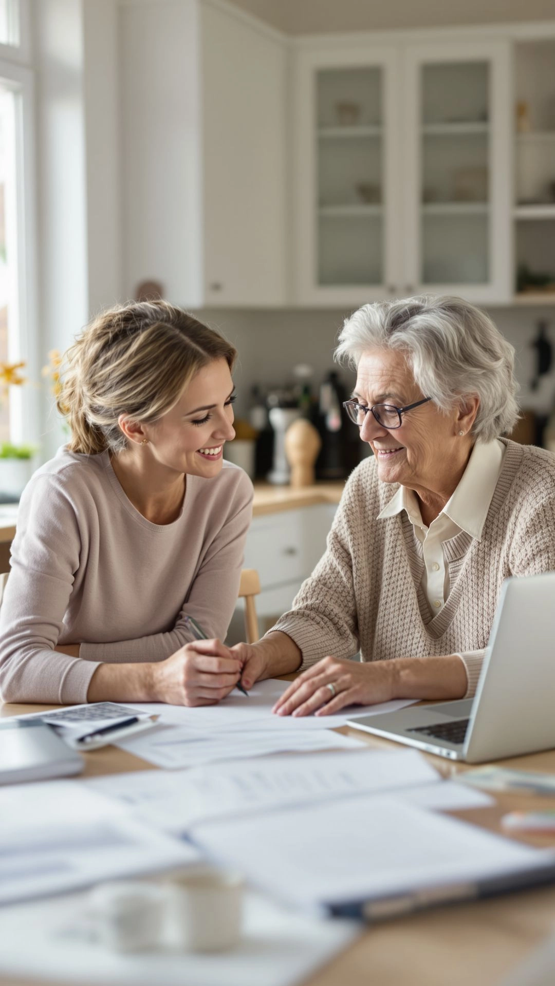 Adult child and senior parent planning home caregiving steps together with notes and checklists on the table.