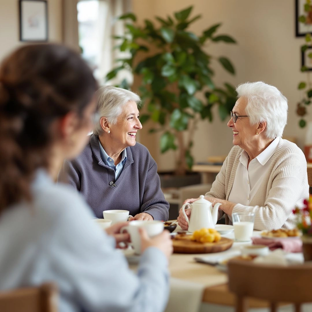 Older adults sharing a supportive home environment with daily living assistance.