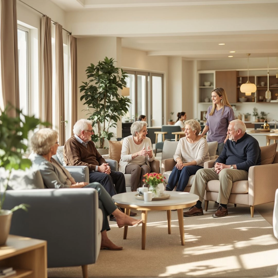 Elderly residents enjoying a safe and friendly assisted living community with caregiver support.