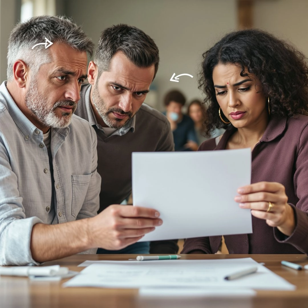 Family looking confused over inheritance documents, illustrating uncertainty when someone dies without a will.