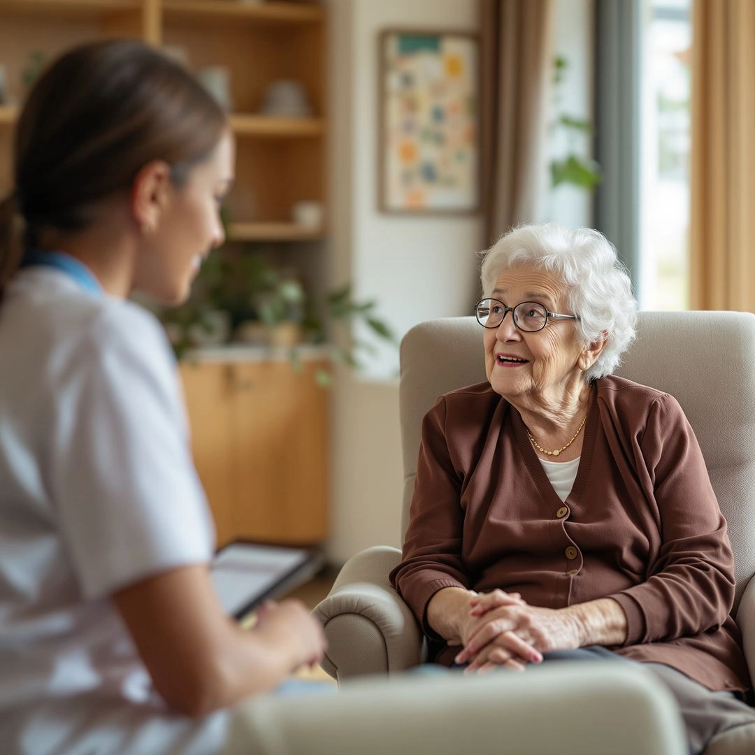 Senior receiving short-term rehabilitation after hospital stay with physical therapy support.